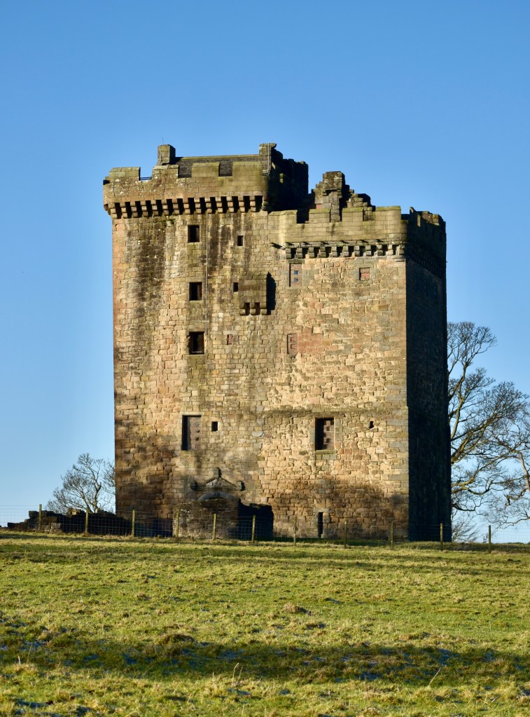 Tower viewed from front right. Clear blue sky, brown, almost golden stonework, with green grass in foreground. Low winter sun illuminating the picture.