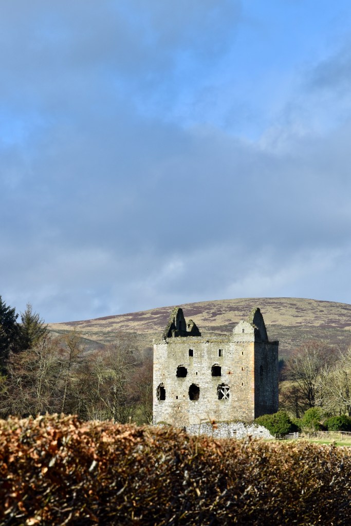 Distant view of tower looking over a hedge, with hills rising in the background. Blue/grey sky.