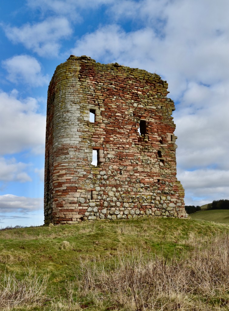 Corsbie Tower: view from south, on raised mound, showing narrow windows. Top and eastern edge are damaged, with loss of stones. 