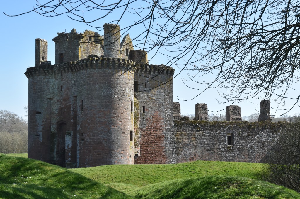 Distant view of the castle, seen through an overhanging tree.