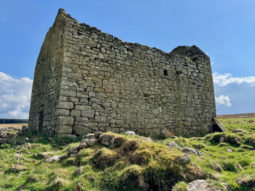 View from the west. Wall is mostly complete with only one small window. Blue sky and sunshine.