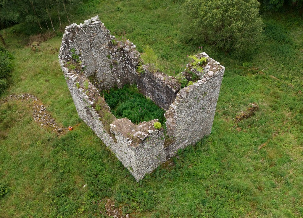 Taken from almost above the tower, the stairwell section is visible, making an L-shape. The interior of the ctower is heavily overgrown.