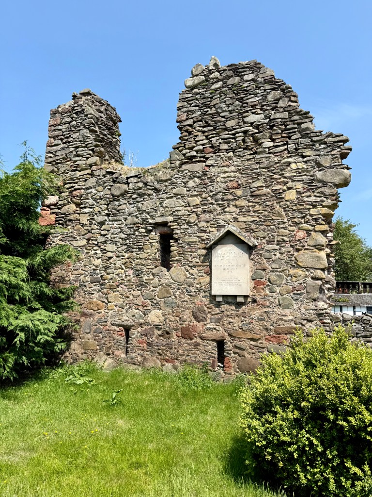 Outside of the surviving wall, damaged at top and on the right, with grass and shrubs in the foreground and a clear blue sky