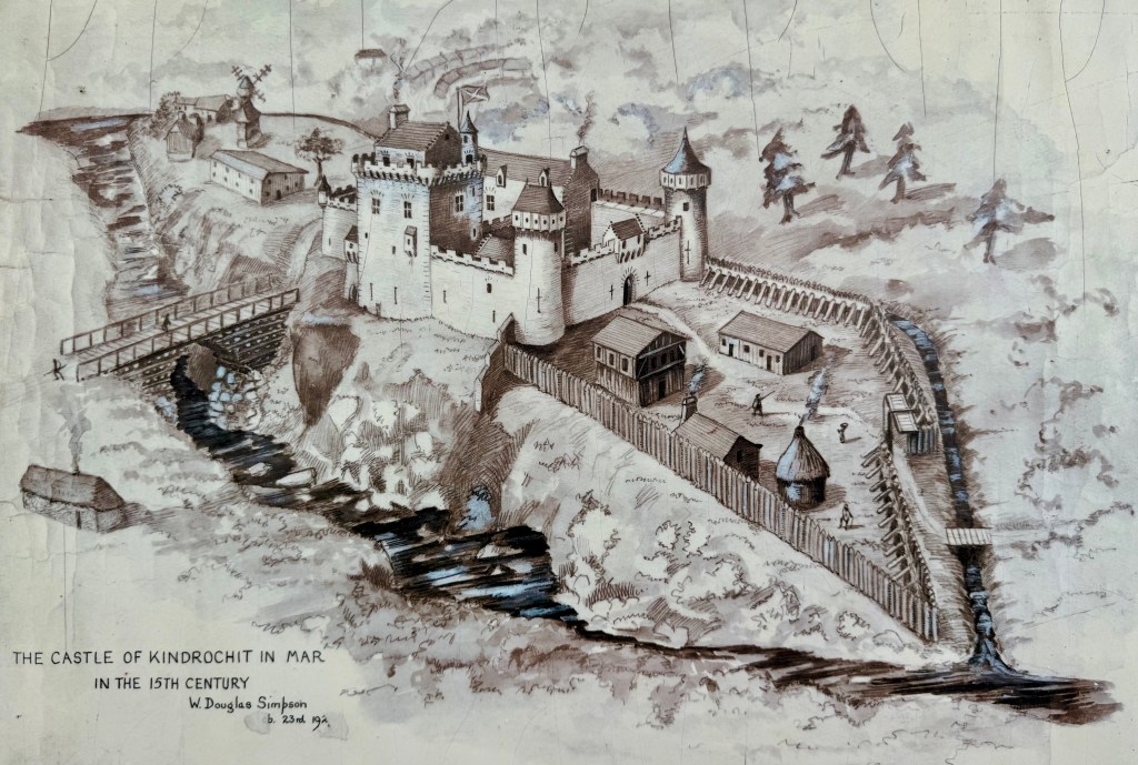 Black and white detailed drawing of the castle, with river in foreground and Drummond tower on the front left. Turrets at each other corner.