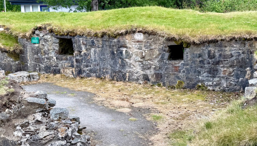 Section of castle wall, viewed from the inside, with two ports for gun/aaow loops. Grass covers top of the wall.