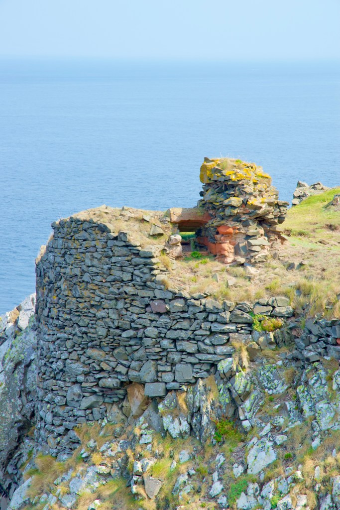 Close-up of a rounded section of wall, clinging to the edge of the cliff.