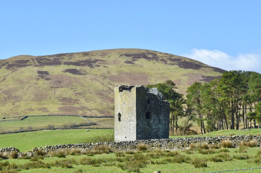 View of tower from Southern Upland Way. Hills behind.