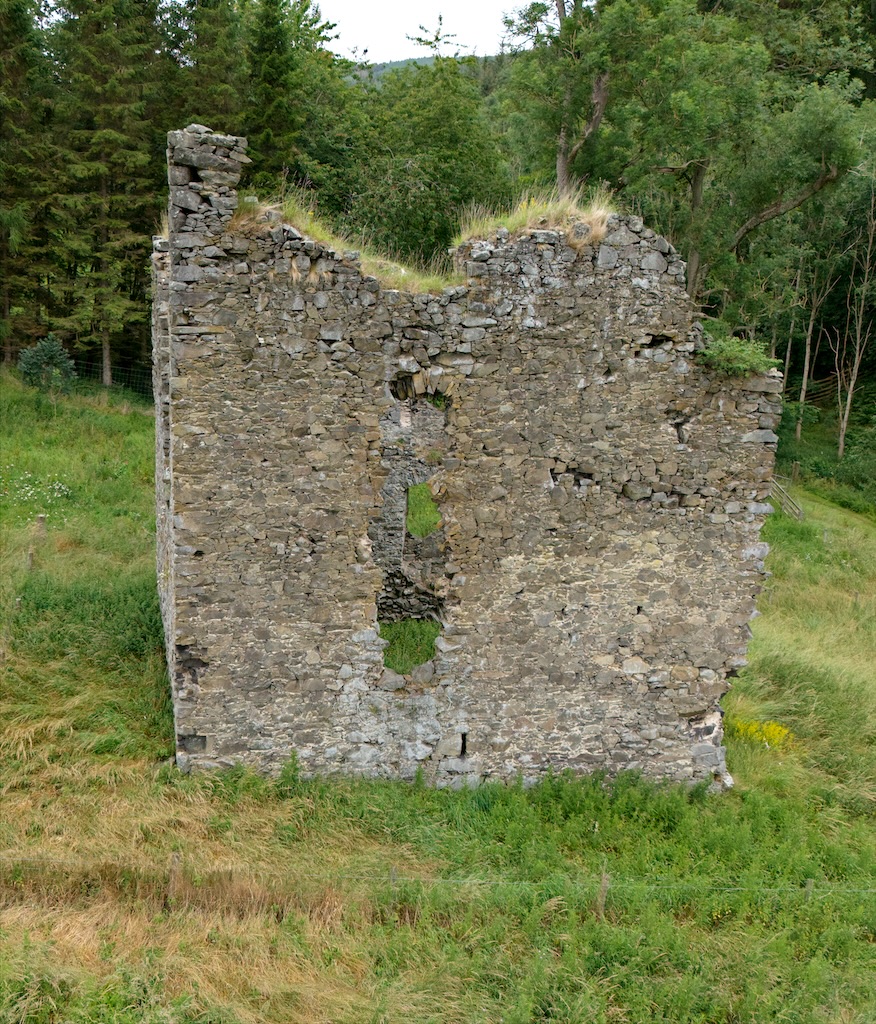 Showing a large long hole in the uneven tower wall, extending almost top to bottom. Grassland in foreground and trees behind.