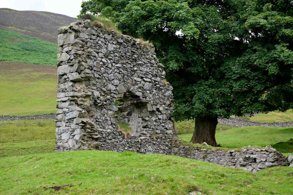 Wall fragment standing under a tree in full leaf. A hole is visible in the centre.