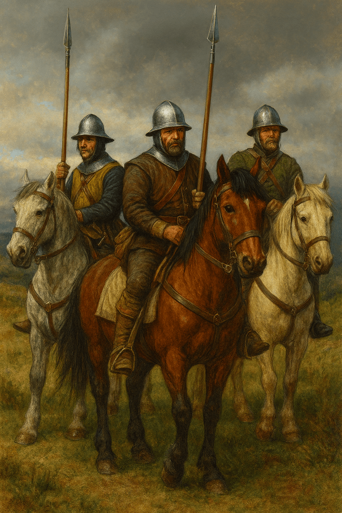 ai-generated image of three border reivers on horseback.