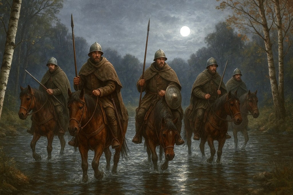 AI-generated image of five reivers on horseback, cloaks, shields and lances, fording a shallow river at night.