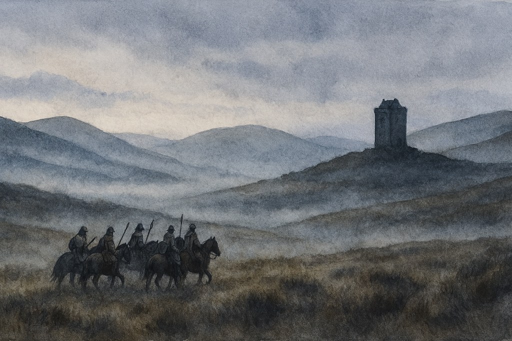 ai-generated image of a small group of reivers on horseback, crossing misty moorland during twilight. Peel tower in the distance. 