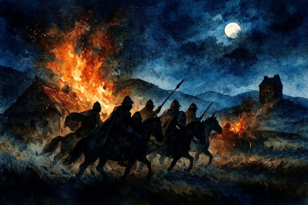 ai-generated picture of reivers on horses at night, galloping away from a burning building.