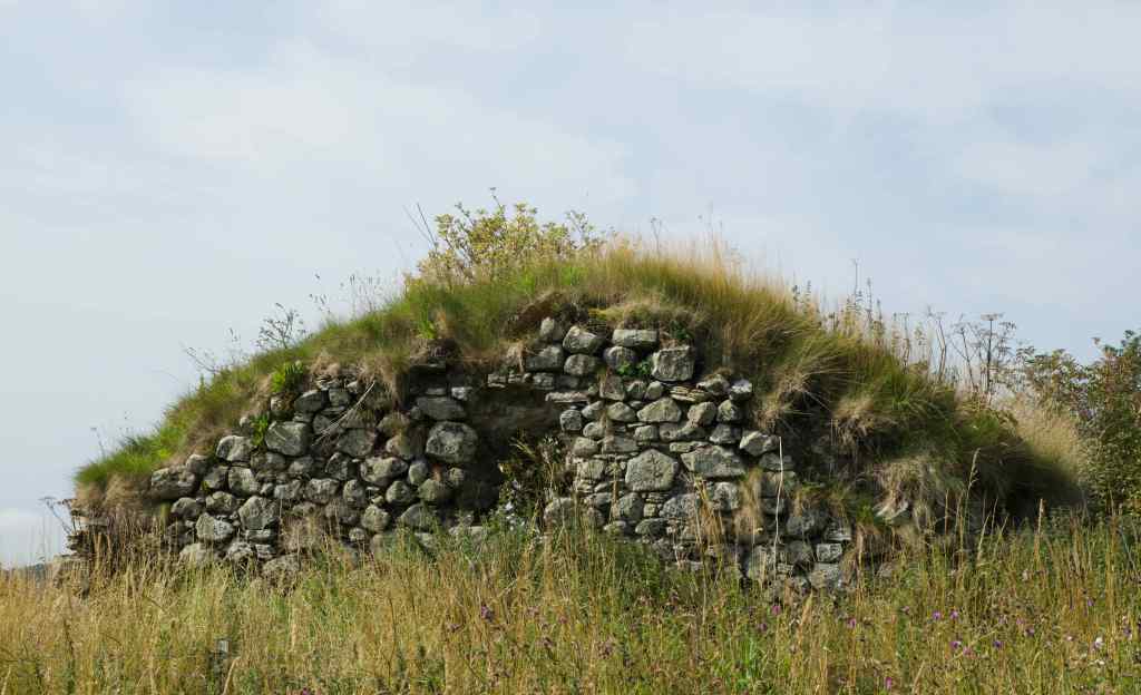 Crumbling wall, but still showing the arched shape of the basement. Grass in the foreground and growing over the basement roof.