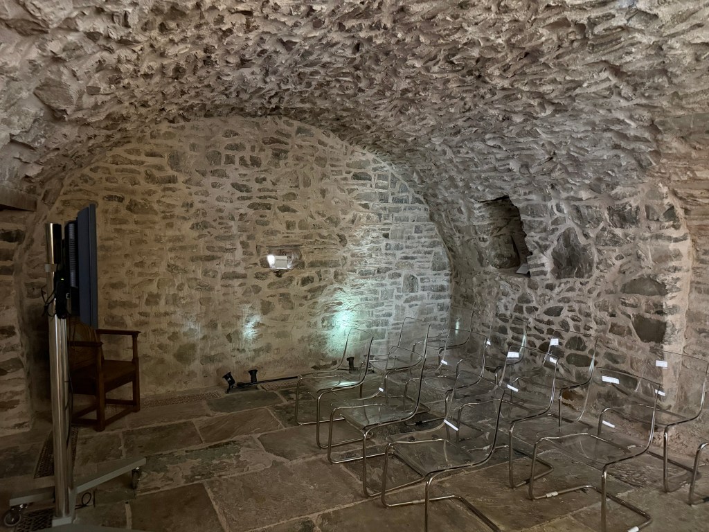 Vaulted basement now used as a video room.